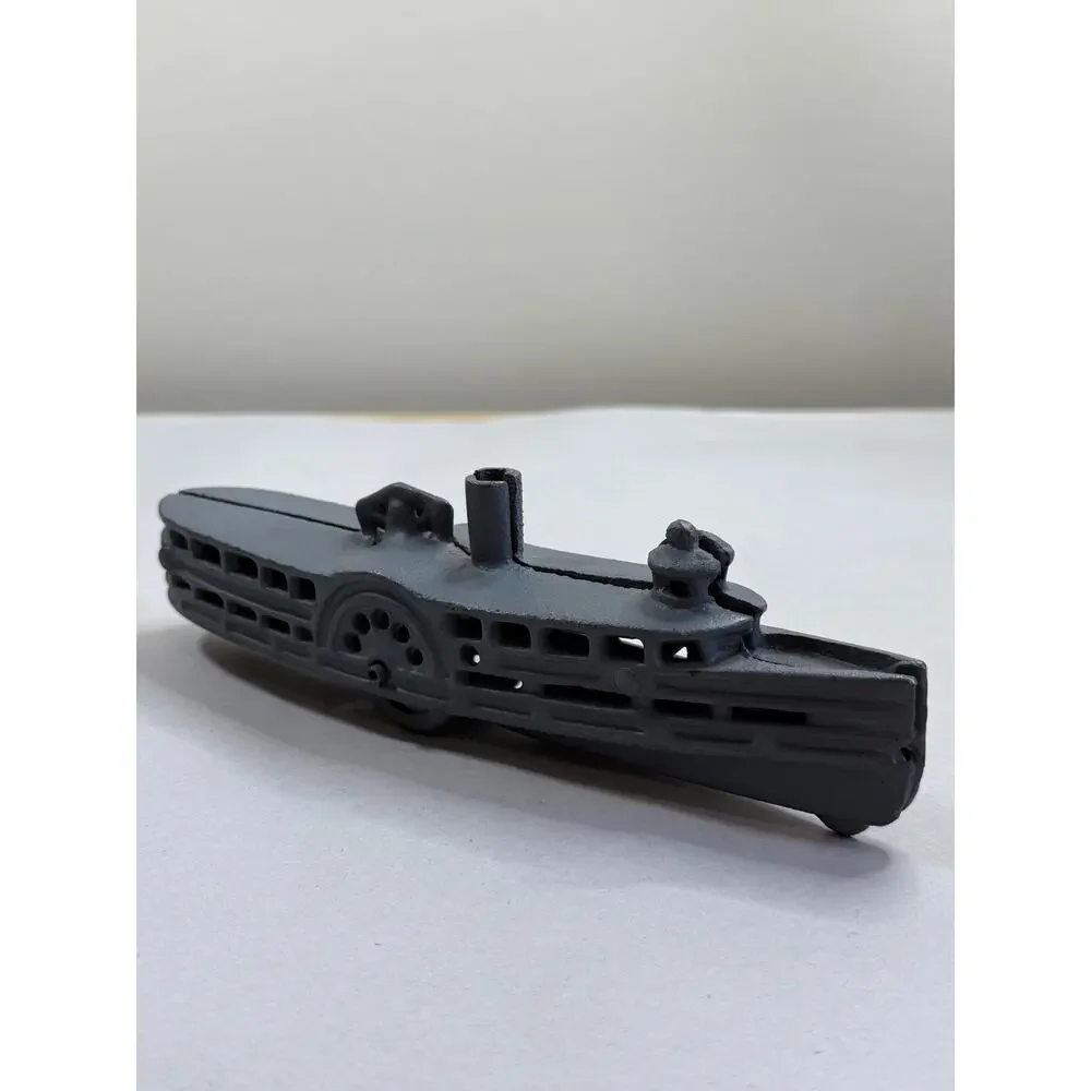 Vintage Cast Iron Riverboat Toy, Gray Steamboat, Paddle Wheel Pull Toy, 7.5 Inch